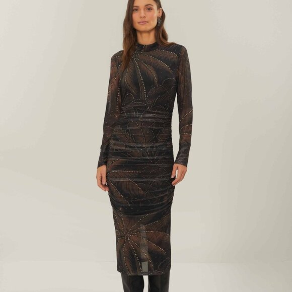HOLIDAY CAPSULE black golden foliage tulle midi dress Farm rio - Picture 1 of 4